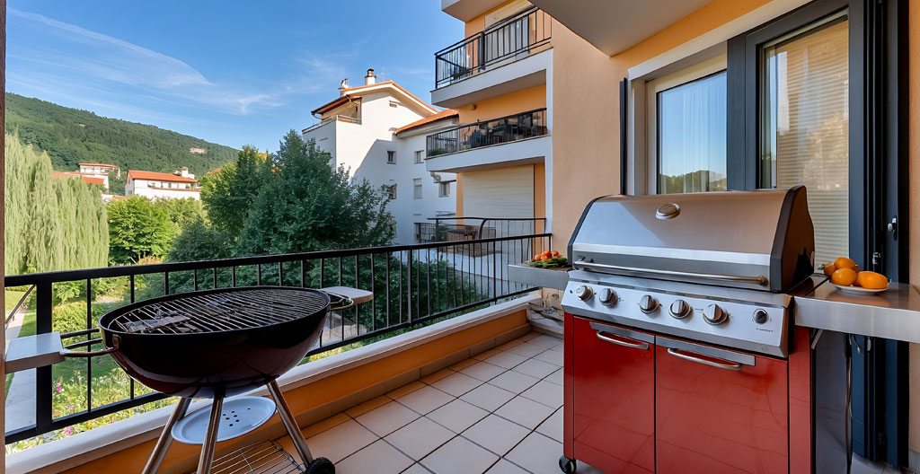 Vue plongeante sur un petit balcon aménagé avec table pliante, chaises pliables et plantes en pot, ambiance cosy urbaine