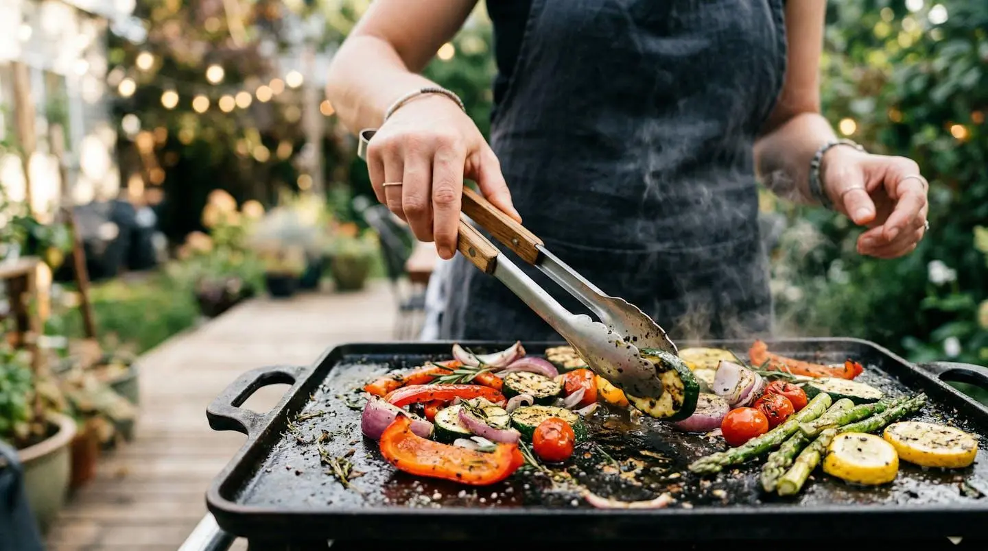 Mains préparant des légumes colorés sur une surface de cuisson, arrière-plan flouté montrant un espace extérieur restreint