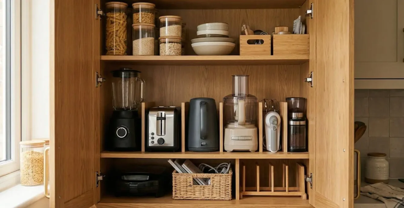 Rangement vertical dans un placard de cuisine avec des appareils compacts bien organisés